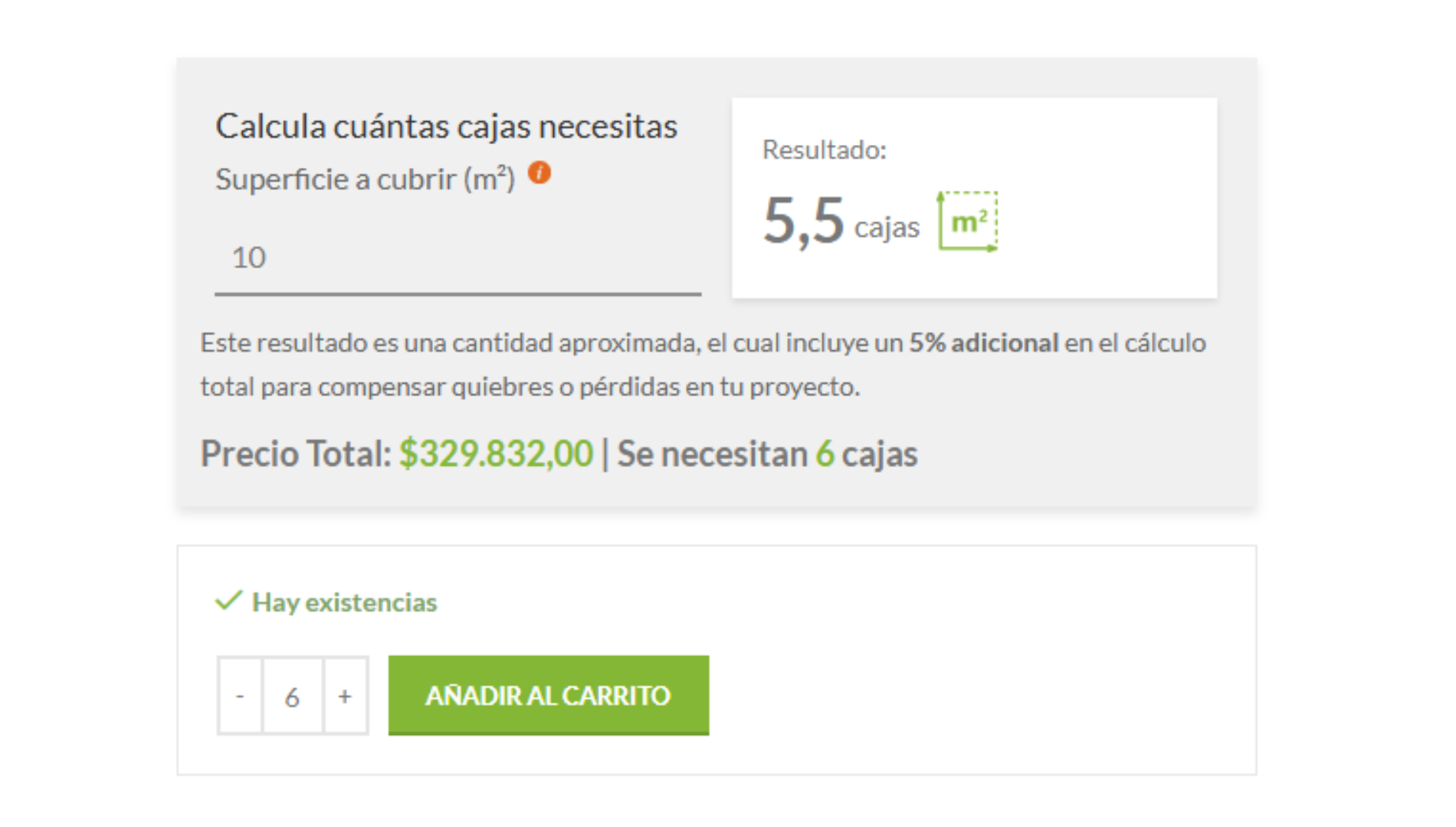 Calculadora de metros cuadrados: superficie a cubrir, resultado en cajas y precio total