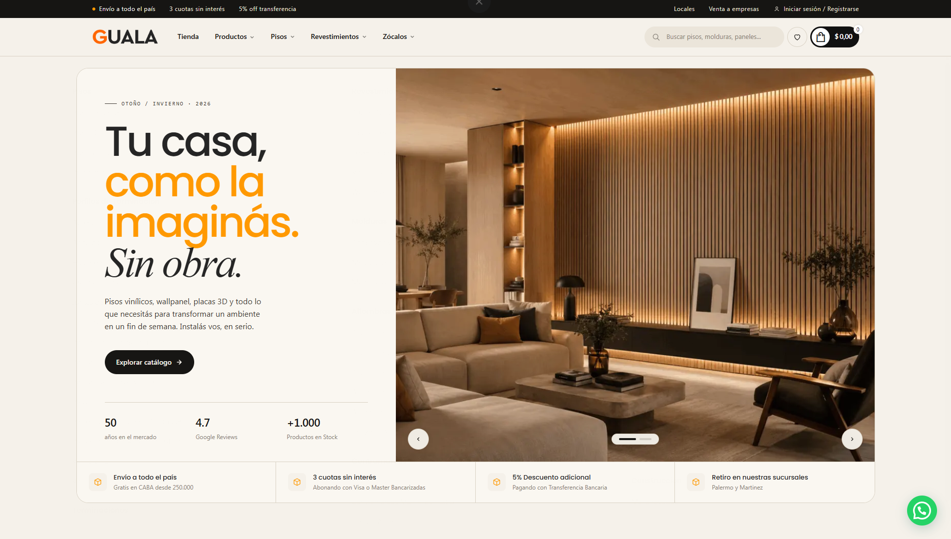 Home de una tienda online de pisos y revestimientos con hero de temporada y accesos al catálogo