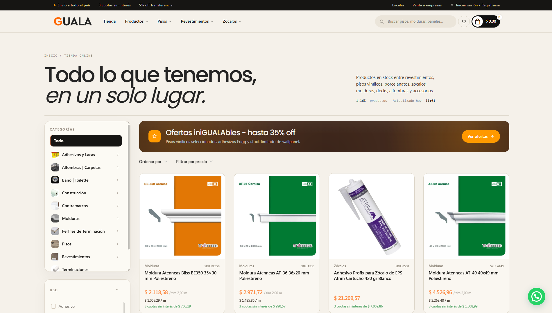 Catálogo online con banner de ofertas y productos de molduras y zócalos